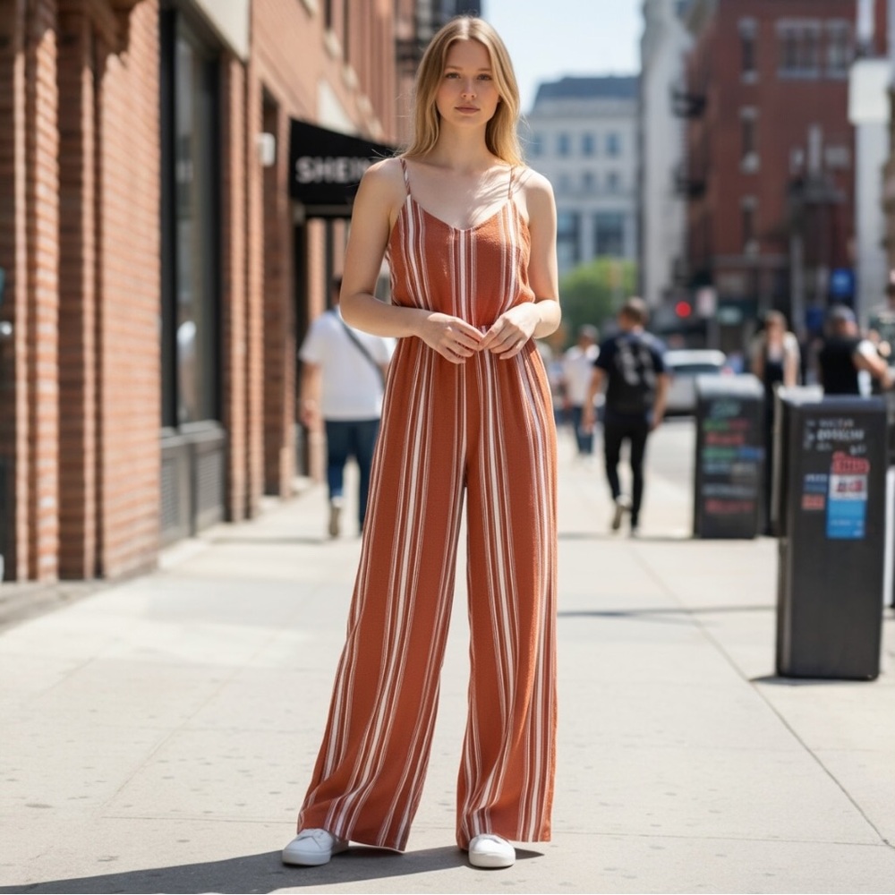 Shinestar Rust and White Striped Jumpsuit